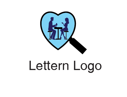 couple on a date under a heat shaped magnifying glass logo