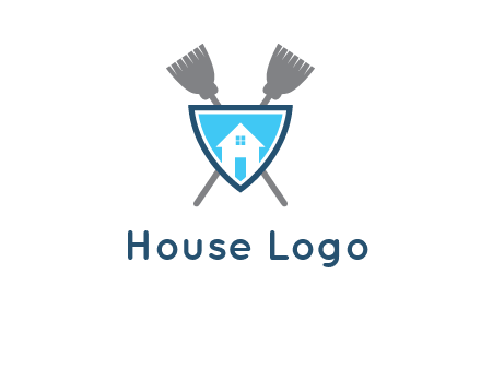 crossed brooms behind a shield with a home icon