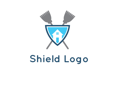 crossed brooms behind a shield with a home icon