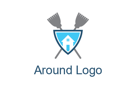 crossed brooms behind a shield with a home icon