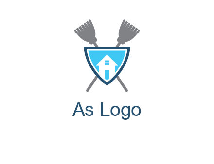 crossed brooms behind a shield with a home icon