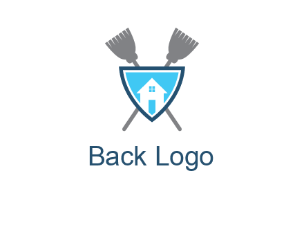 crossed brooms behind a shield with a home icon