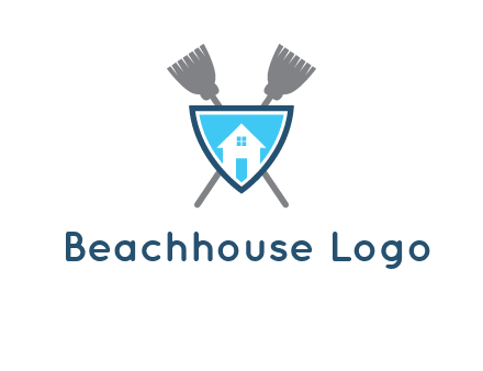 crossed brooms behind a shield with a home icon