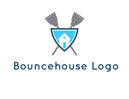 crossed brooms behind a shield with a home icon