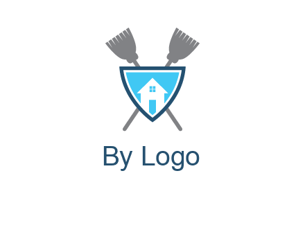 crossed brooms behind a shield with a home icon