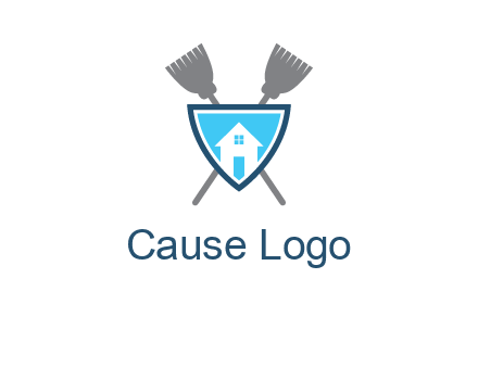 crossed brooms behind a shield with a home icon