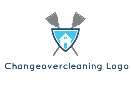 crossed brooms behind a shield with a home icon