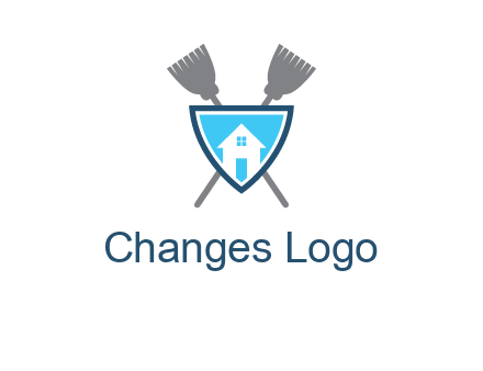 crossed brooms behind a shield with a home icon