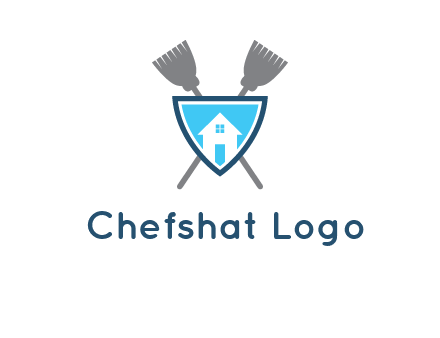 crossed brooms behind a shield with a home icon