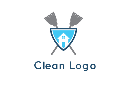 crossed brooms behind a shield with a home icon