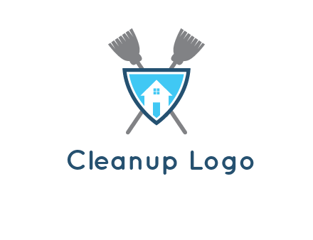 crossed brooms behind a shield with a home icon