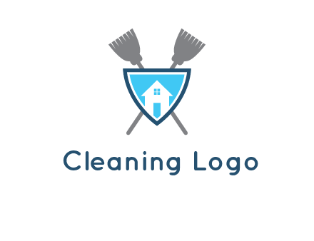 crossed brooms behind a shield with a home icon