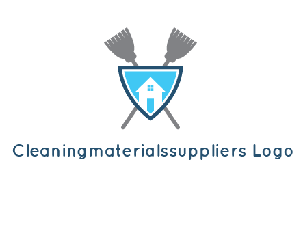 crossed brooms behind a shield with a home icon
