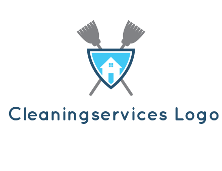 crossed brooms behind a shield with a home icon