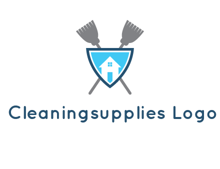 crossed brooms behind a shield with a home icon