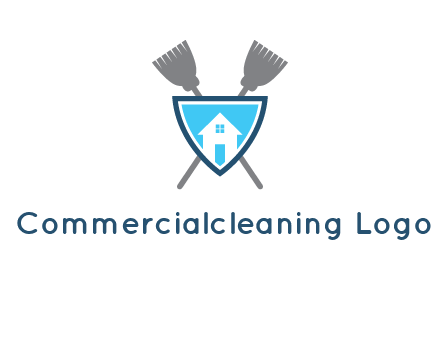 crossed brooms behind a shield with a home icon