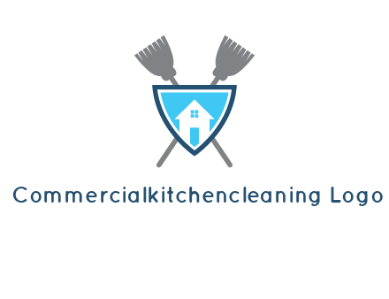 crossed brooms behind a shield with a home icon