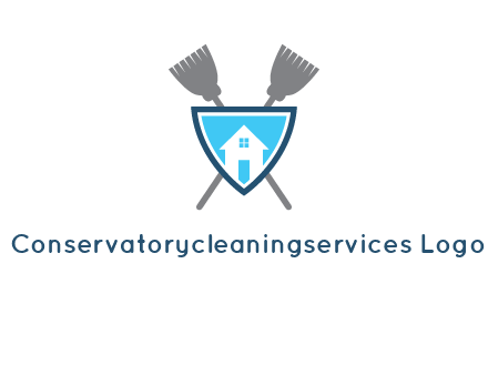 crossed brooms behind a shield with a home icon