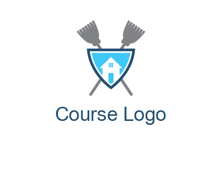 crossed brooms behind a shield with a home icon