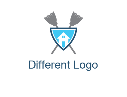 crossed brooms behind a shield with a home icon