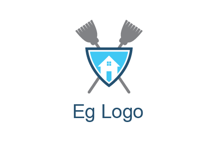 crossed brooms behind a shield with a home icon
