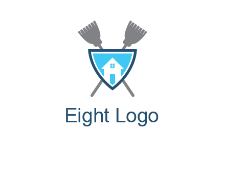 crossed brooms behind a shield with a home icon