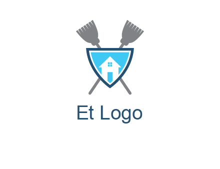 crossed brooms behind a shield with a home icon