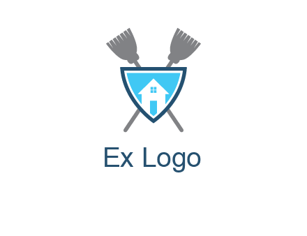 crossed brooms behind a shield with a home icon