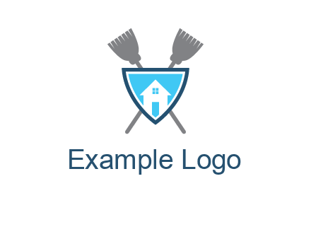 crossed brooms behind a shield with a home icon