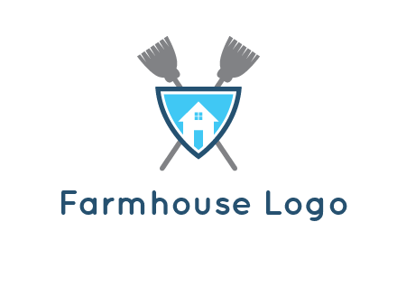 crossed brooms behind a shield with a home icon