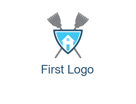 crossed brooms behind a shield with a home icon