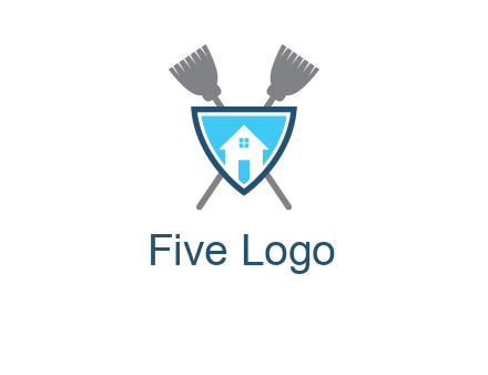 crossed brooms behind a shield with a home icon