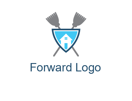 crossed brooms behind a shield with a home icon