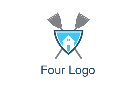 crossed brooms behind a shield with a home icon