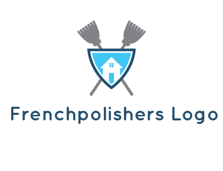 crossed brooms behind a shield with a home icon
