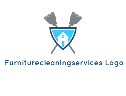 crossed brooms behind a shield with a home icon