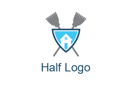 crossed brooms behind a shield with a home icon