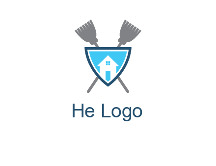 crossed brooms behind a shield with a home icon