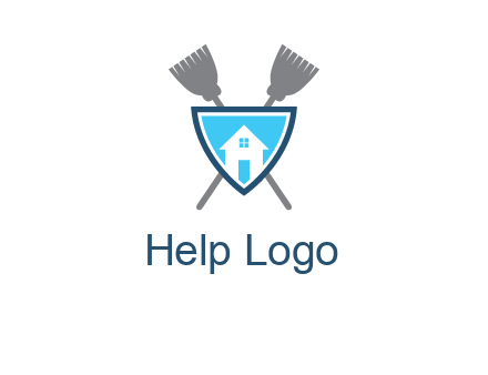 crossed brooms behind a shield with a home icon