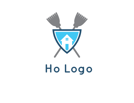 crossed brooms behind a shield with a home icon