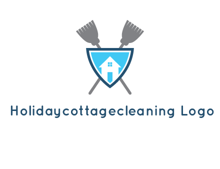 crossed brooms behind a shield with a home icon
