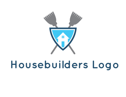 crossed brooms behind a shield with a home icon