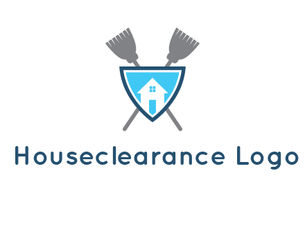 crossed brooms behind a shield with a home icon