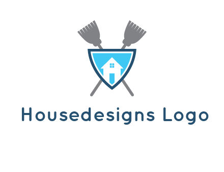 crossed brooms behind a shield with a home icon