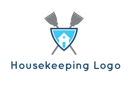 crossed brooms behind a shield with a home icon