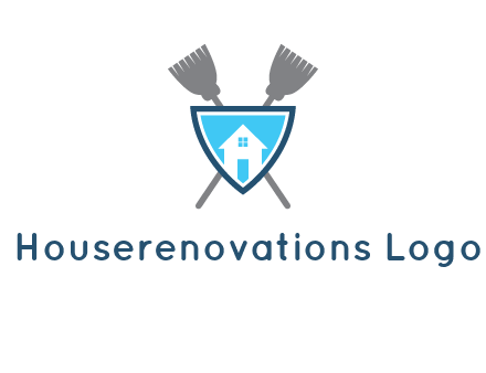 crossed brooms behind a shield with a home icon