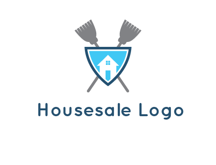 crossed brooms behind a shield with a home icon