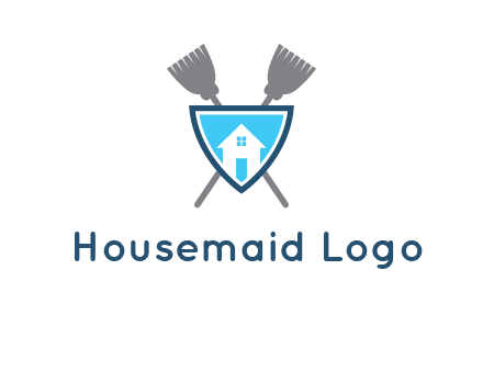 crossed brooms behind a shield with a home icon