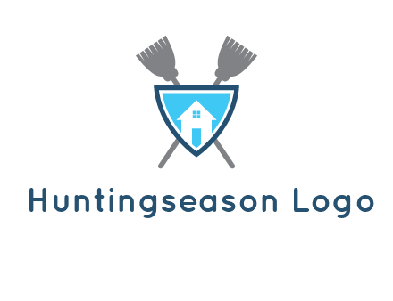crossed brooms behind a shield with a home icon