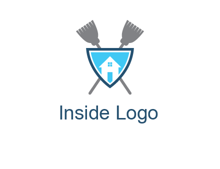 crossed brooms behind a shield with a home icon